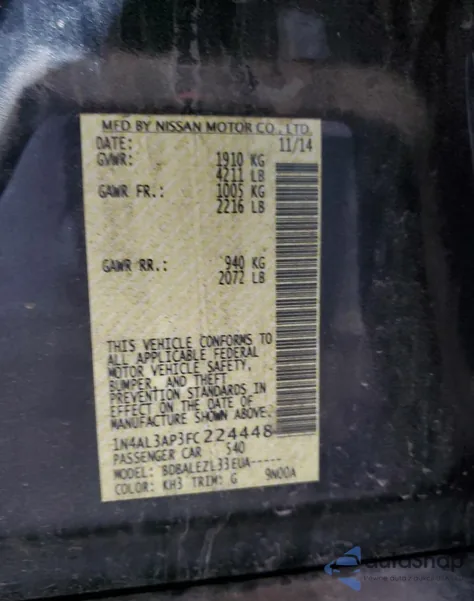 2015 Nissan Altima 2.5 z USA, uszkodzony, nr VIN 1N4AL3AP3FC224448